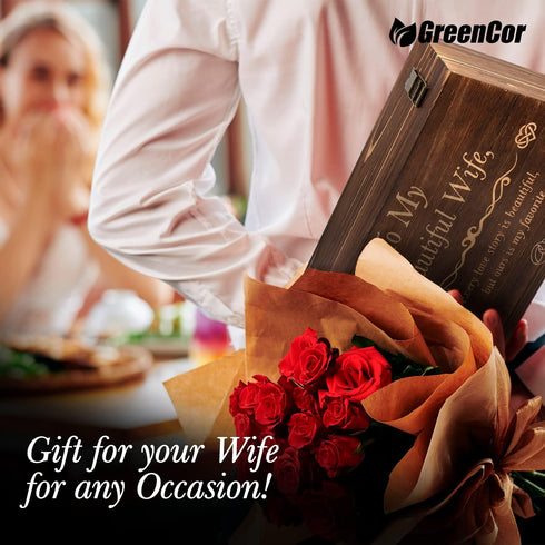 Anniversary for Her | Wife | Women – Engraved Wooden Gift Set with Crystal Engraved Heart | 24K Gold Dipped Rose